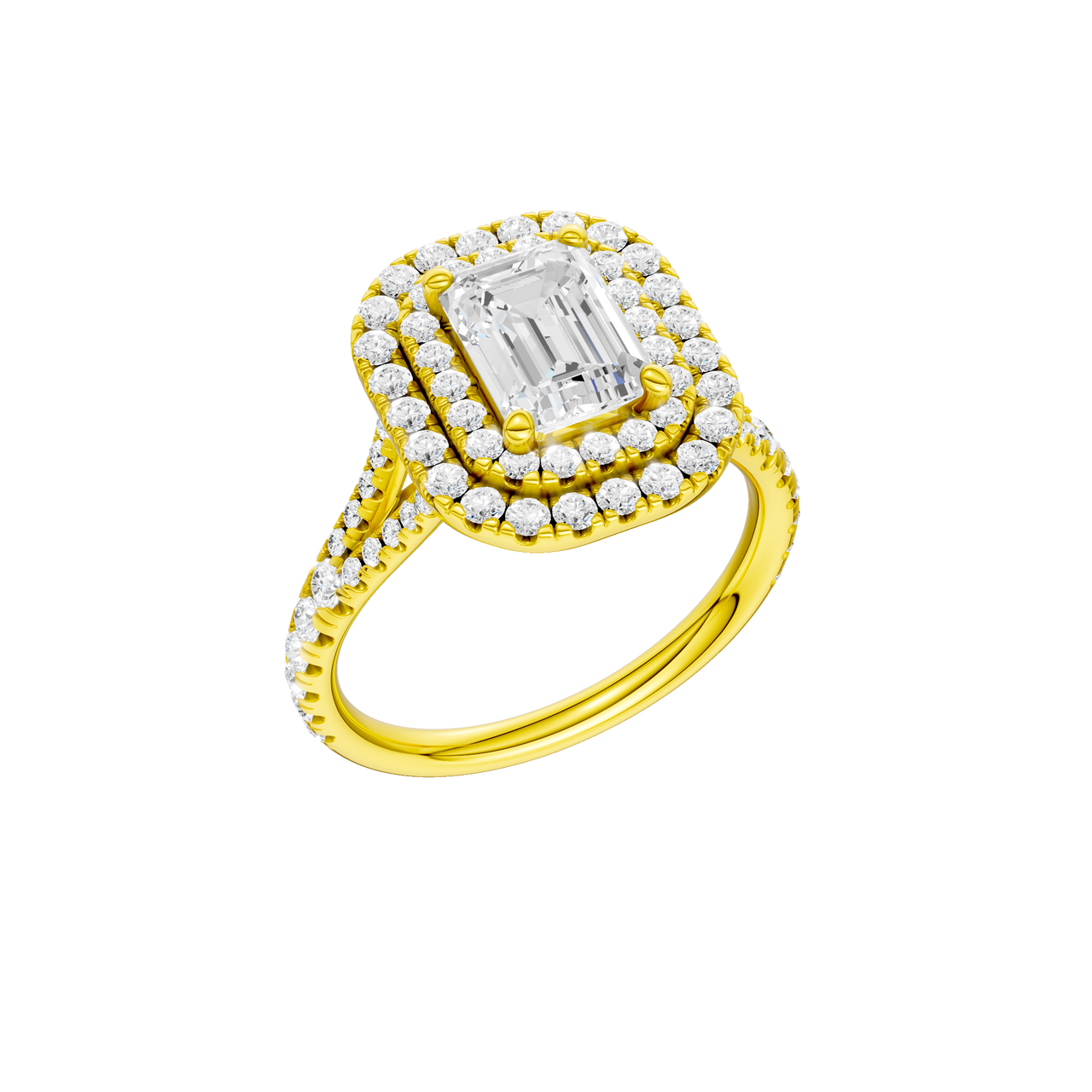 A three-quarter view of the Emerald cut diamond engagement ring in 14k yellow gold with a prong diamond band and split setting