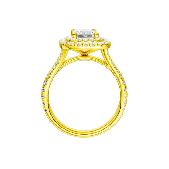 A profile view of the Emerald cut diamond engagement ring in 14k yellow gold with a prong diamond band and split setting