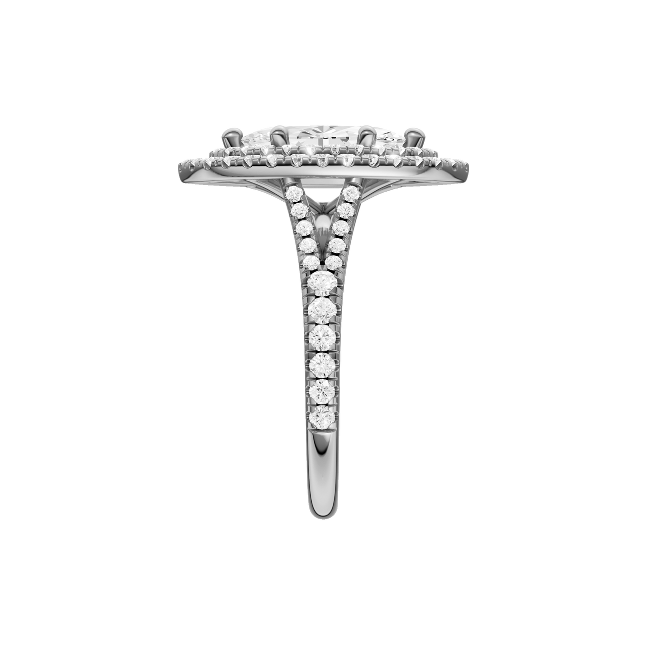 A side view of the Marquise cut diamond engagement ring in 14k white gold with a prong diamond band and split setting