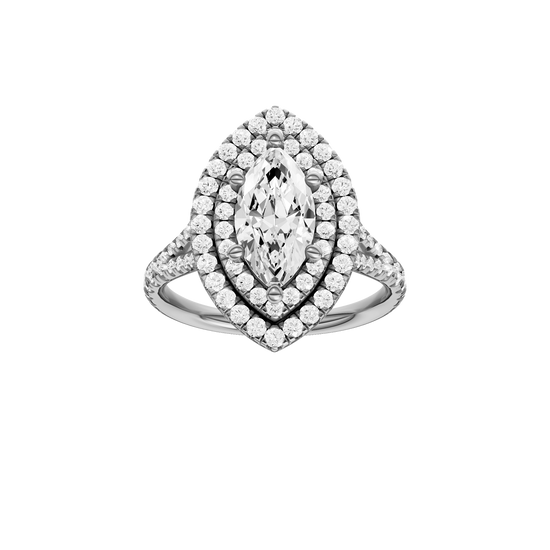 A front view of the Marquise cut diamond engagement ring in platinum with a prong diamond band and split setting