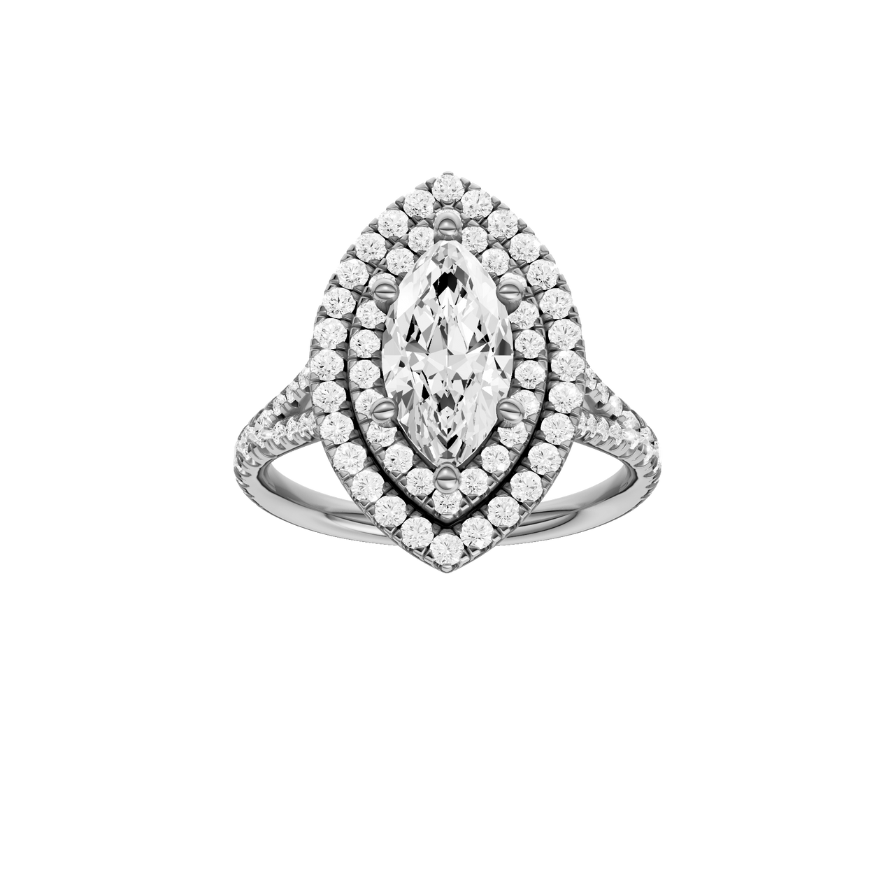 A front view of the Marquise cut diamond engagement ring in 14k white gold with a prong diamond band and split setting