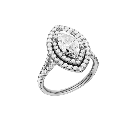 A three-quarter view of the Marquise cut diamond engagement ring in 14k white gold with a prong diamond band and split setting