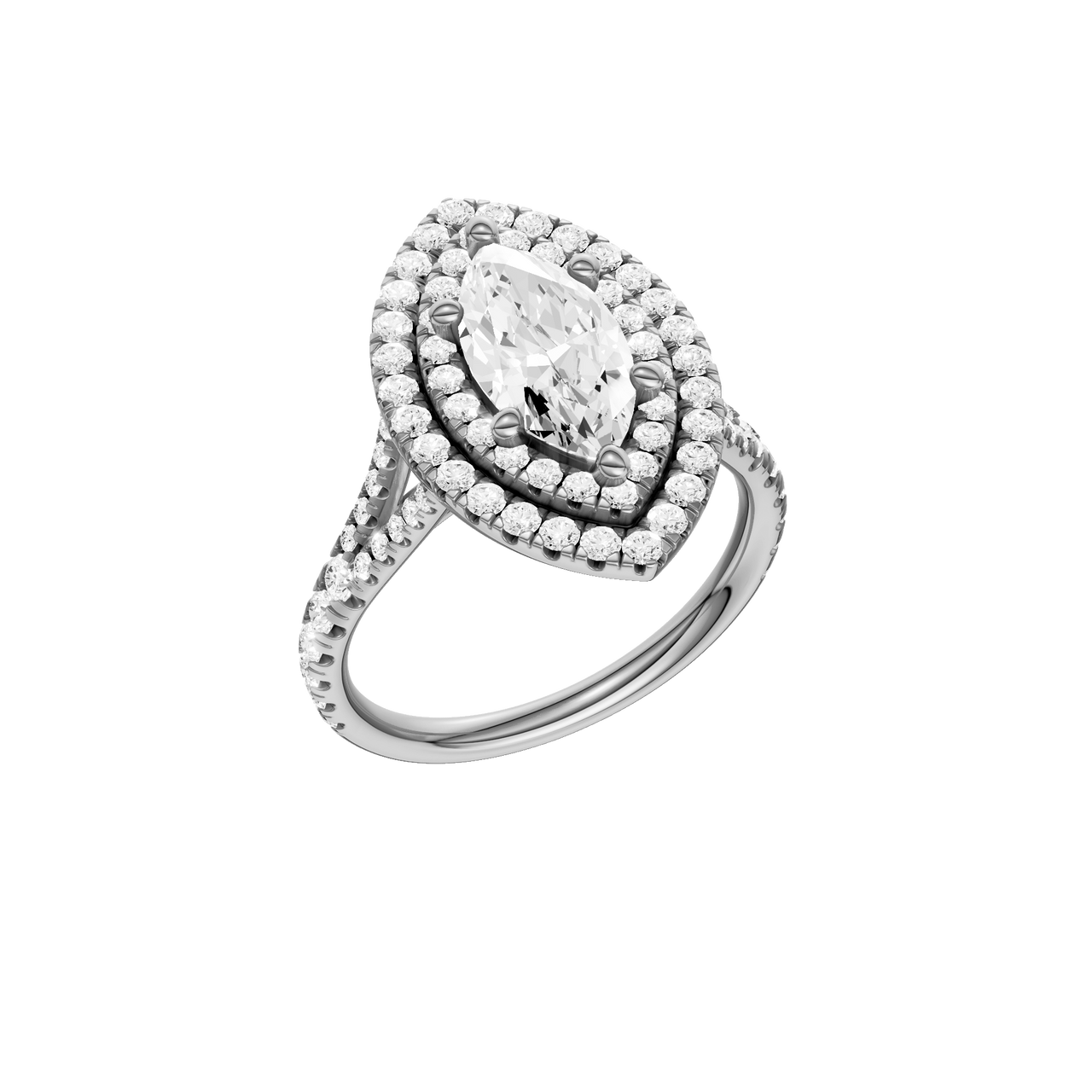 A three-quarter view of the Marquise cut diamond engagement ring in 14k white gold with a prong diamond band and split setting