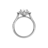 A profile view of the Marquise cut diamond engagement ring in platinum with a prong diamond band and split setting