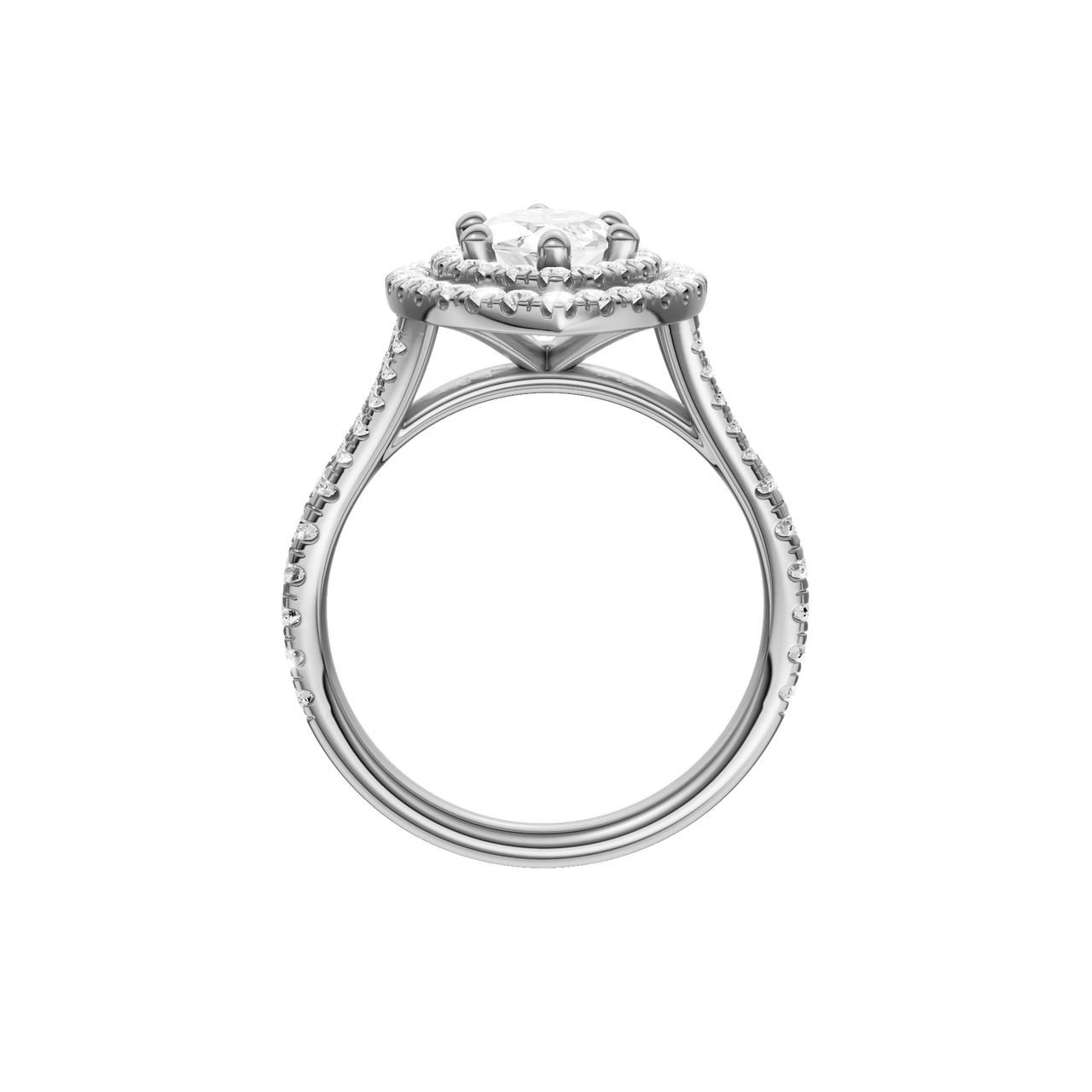 A profile view of the Marquise cut diamond engagement ring in platinum with a prong diamond band and split setting