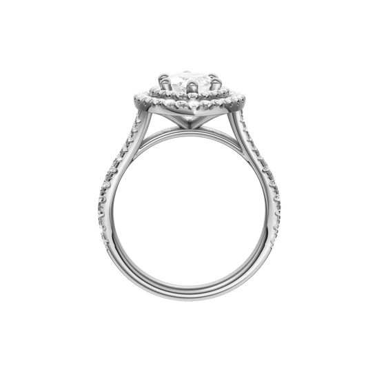 A profile view of the Marquise cut diamond engagement ring in 14k white gold with a prong diamond band and split setting