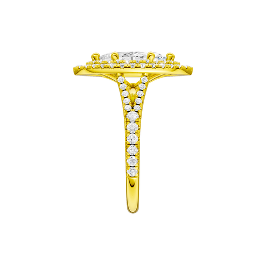 A side view of the Marquise cut diamond engagement ring in 14k yellow gold with a prong diamond band and split setting