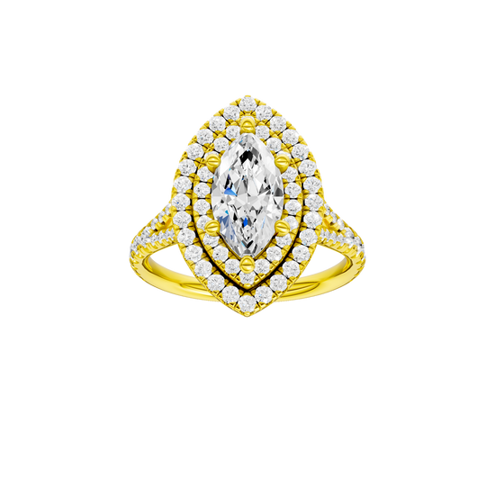 A front view of the Marquise cut diamond engagement ring in 14k yellow gold with a prong diamond band and split setting