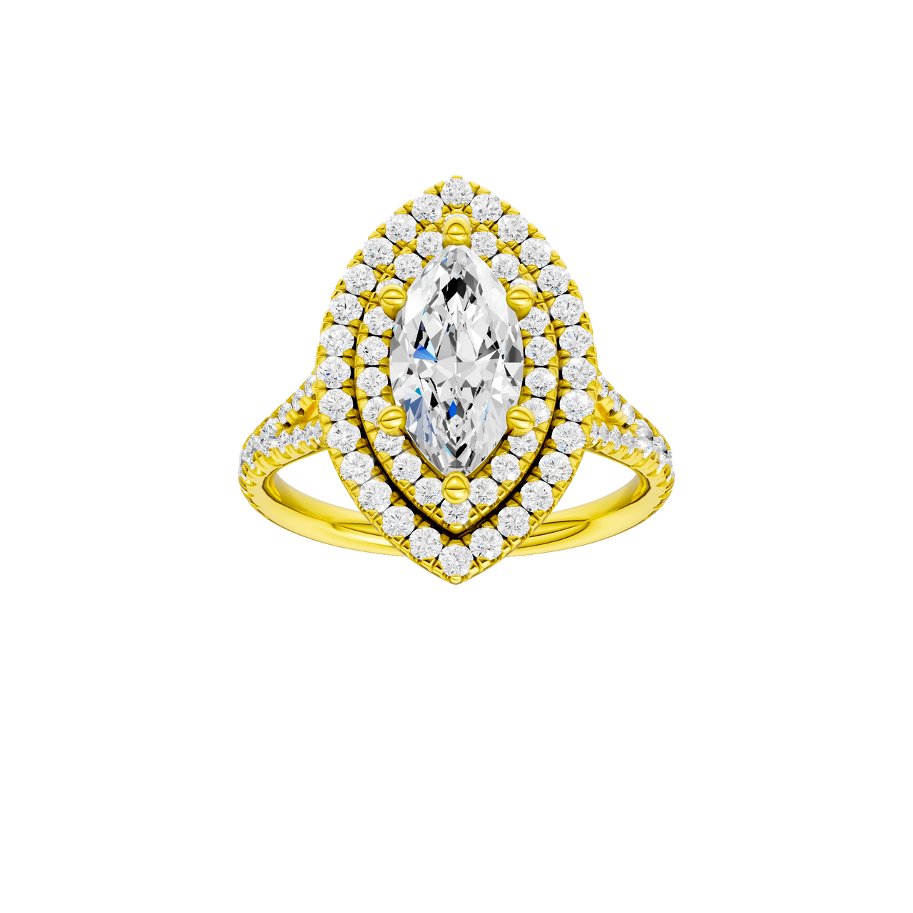 A front view of the Marquise cut diamond engagement ring in 14k yellow gold with a prong diamond band and split setting