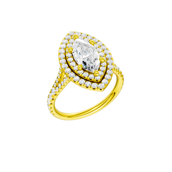 A three-quarter view of the Marquise cut diamond engagement ring in 14k yellow gold with a prong diamond band and split setting