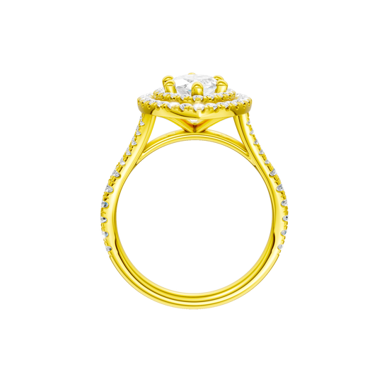 A profile view of the Marquise cut diamond engagement ring in 14k yellow gold with a prong diamond band and split setting