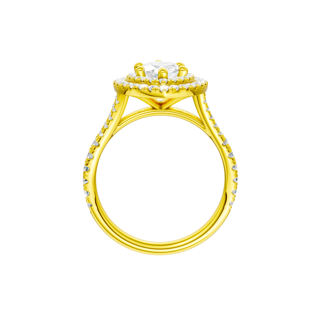 A profile view of the Marquise cut diamond engagement ring in 14k yellow gold with a prong diamond band and split setting