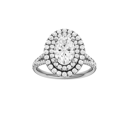 A front view of the Oval cut diamond engagement ring in 14k white gold with a prong diamond band and split setting