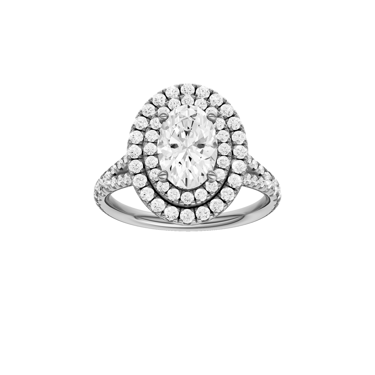 A front view of the Oval cut diamond engagement ring in 14k white gold with a prong diamond band and split setting
