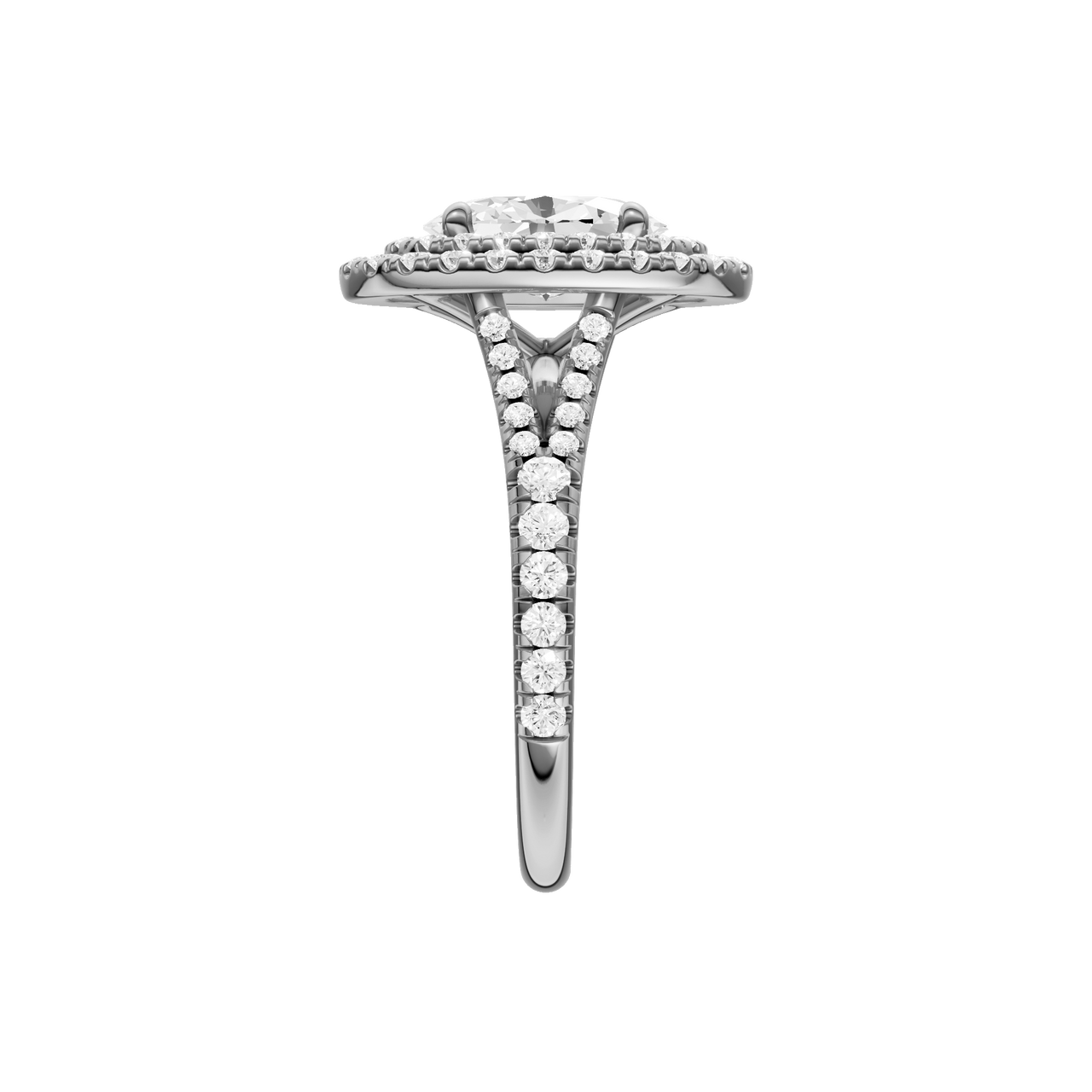 A side view of the Oval cut diamond engagement ring in platinum with a prong diamond band and split setting