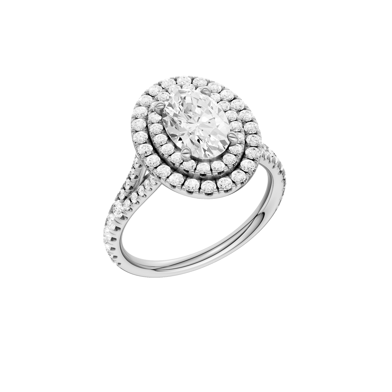 A three-quarter view of the Oval cut diamond engagement ring in platinum with a prong diamond band and split setting
