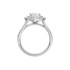 A profile view of the Oval cut diamond engagement ring in platinum with a prong diamond band and split setting