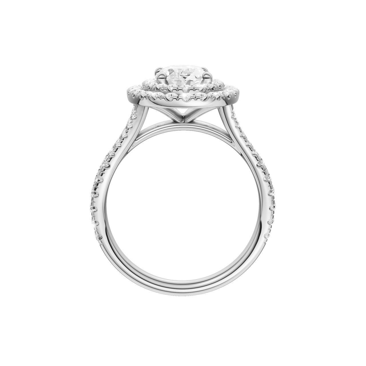 A profile view of the Oval cut diamond engagement ring in platinum with a prong diamond band and split setting