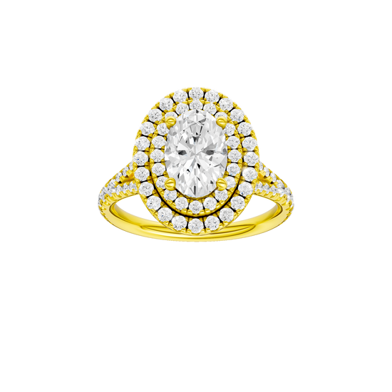 A front view of the Oval cut diamond engagement ring in 14k yellow gold with a prong diamond band and split setting