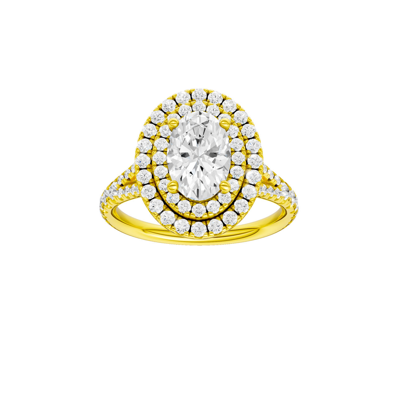 A front view of the Oval cut diamond engagement ring in 14k yellow gold with a prong diamond band and split setting