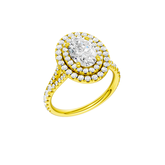 A three-quarter view of the Oval cut diamond engagement ring in 14k yellow gold with a prong diamond band and split setting