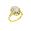 A three-quarter view of the Oval cut diamond engagement ring in 14k yellow gold with a prong diamond band and split setting