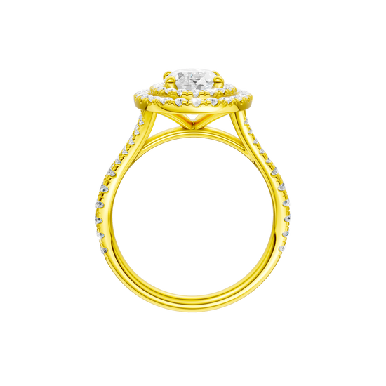 A profile view of the Oval cut diamond engagement ring in 14k yellow gold with a prong diamond band and split setting