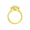 A profile view of the Oval cut diamond engagement ring in 14k yellow gold with a prong diamond band and split setting