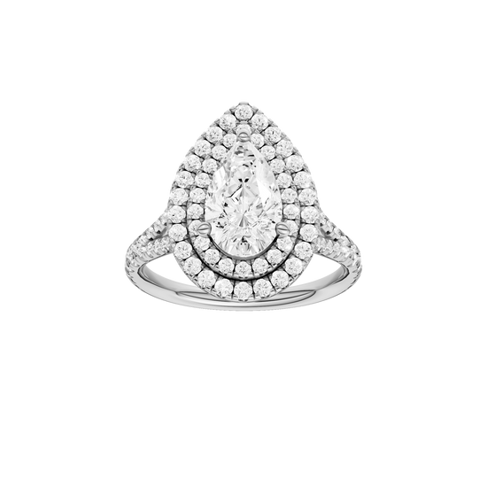 A front view of the Pear cut diamond engagement ring in 14k white gold with a prong diamond band and split setting