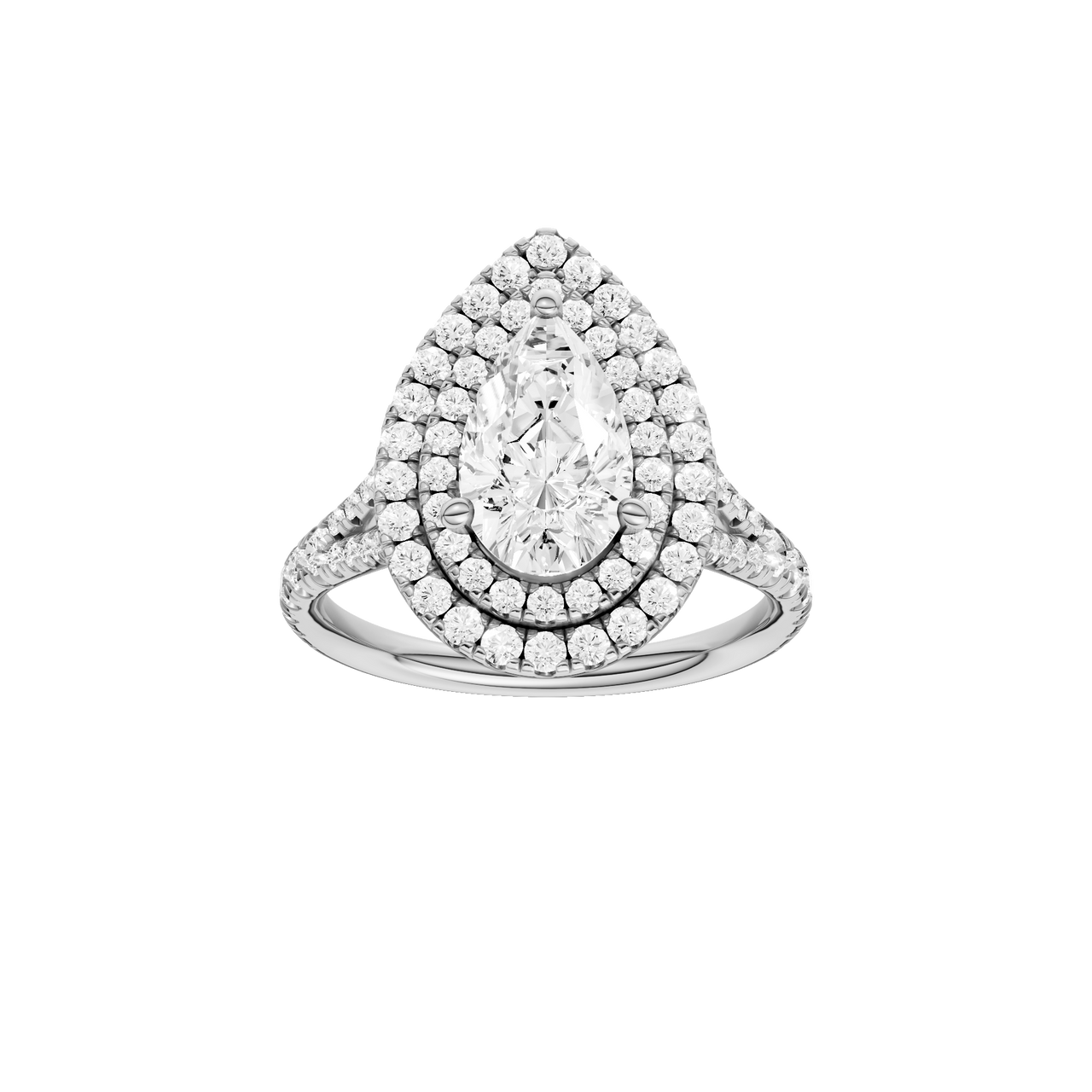 A front view of the Pear cut diamond engagement ring in 14k white gold with a prong diamond band and split setting