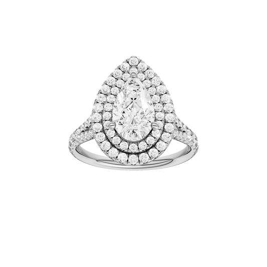 A front view of the Pear cut diamond engagement ring in 14k white gold with a prong diamond band and split setting