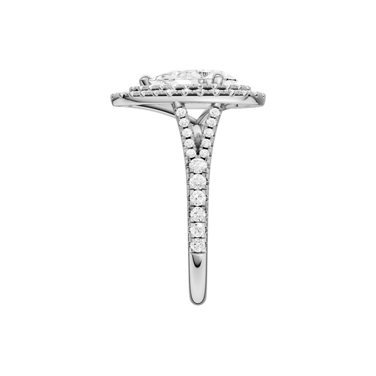A side view of the Pear cut diamond engagement ring in 14k white gold with a prong diamond band and split setting