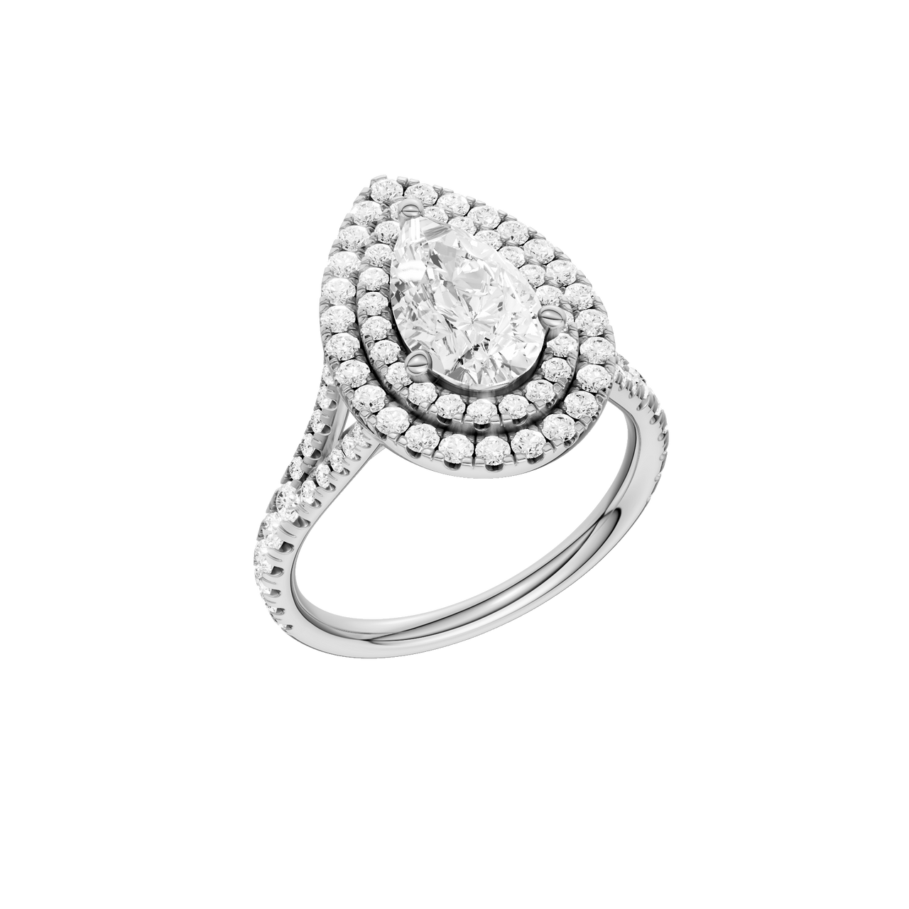 A three-quarter view of the Pear cut diamond engagement ring in platinum with a prong diamond band and split setting