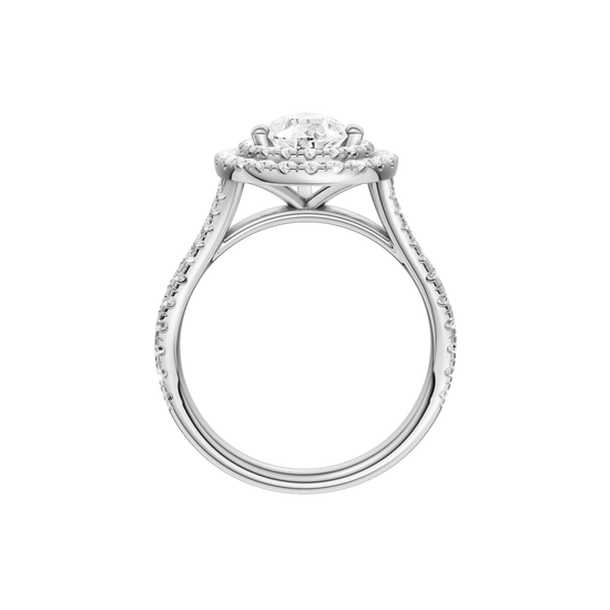 A profile view of the Pear cut diamond engagement ring in platinum with a prong diamond band and split setting
