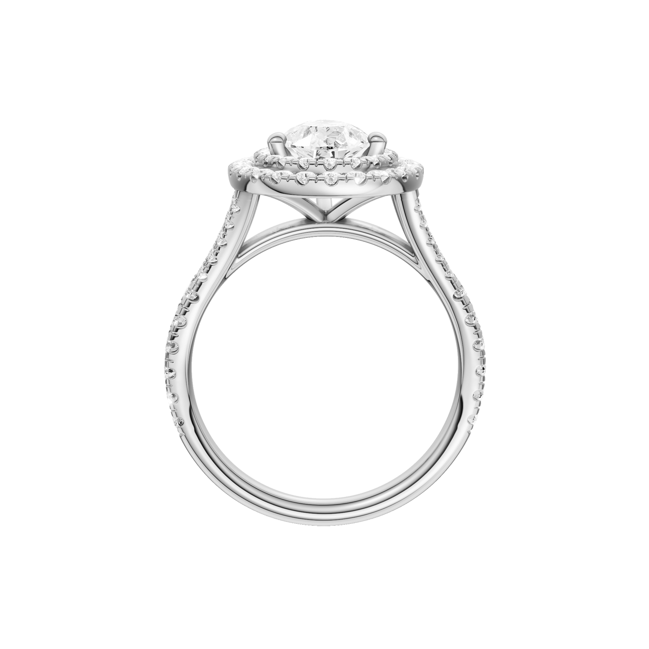 A profile view of the Pear cut diamond engagement ring in platinum with a prong diamond band and split setting
