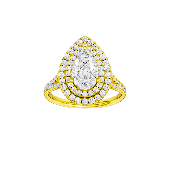 A front view of the Pear cut diamond engagement ring in 14k yellow gold with a prong diamond band and split setting
