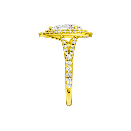 A side view of the Pear cut diamond engagement ring in 14k yellow gold with a prong diamond band and split setting
