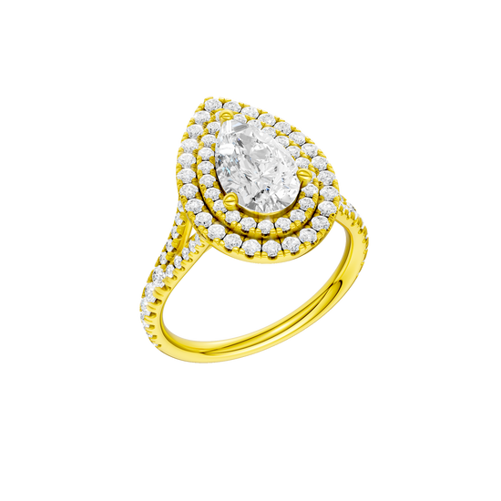 A three-quarter view of the Pear cut diamond engagement ring in 14k yellow gold with a prong diamond band and split setting