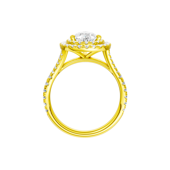 A profile view of the Pear cut diamond engagement ring in 14k yellow gold with a prong diamond band and split setting