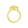 A profile view of the Pear cut diamond engagement ring in 14k yellow gold with a prong diamond band and split setting