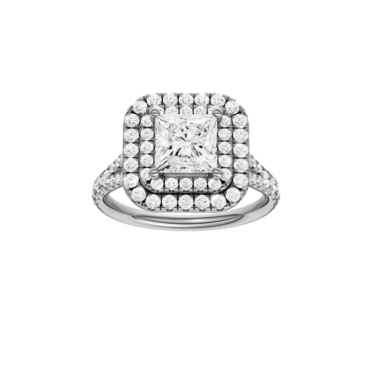 A front view of the Princess cut diamond engagement ring in 14k white gold with a prong band and cathedral setting