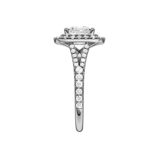 A side view of the Princess cut diamond engagement ring in 14k white gold with a prong band and cathedral setting