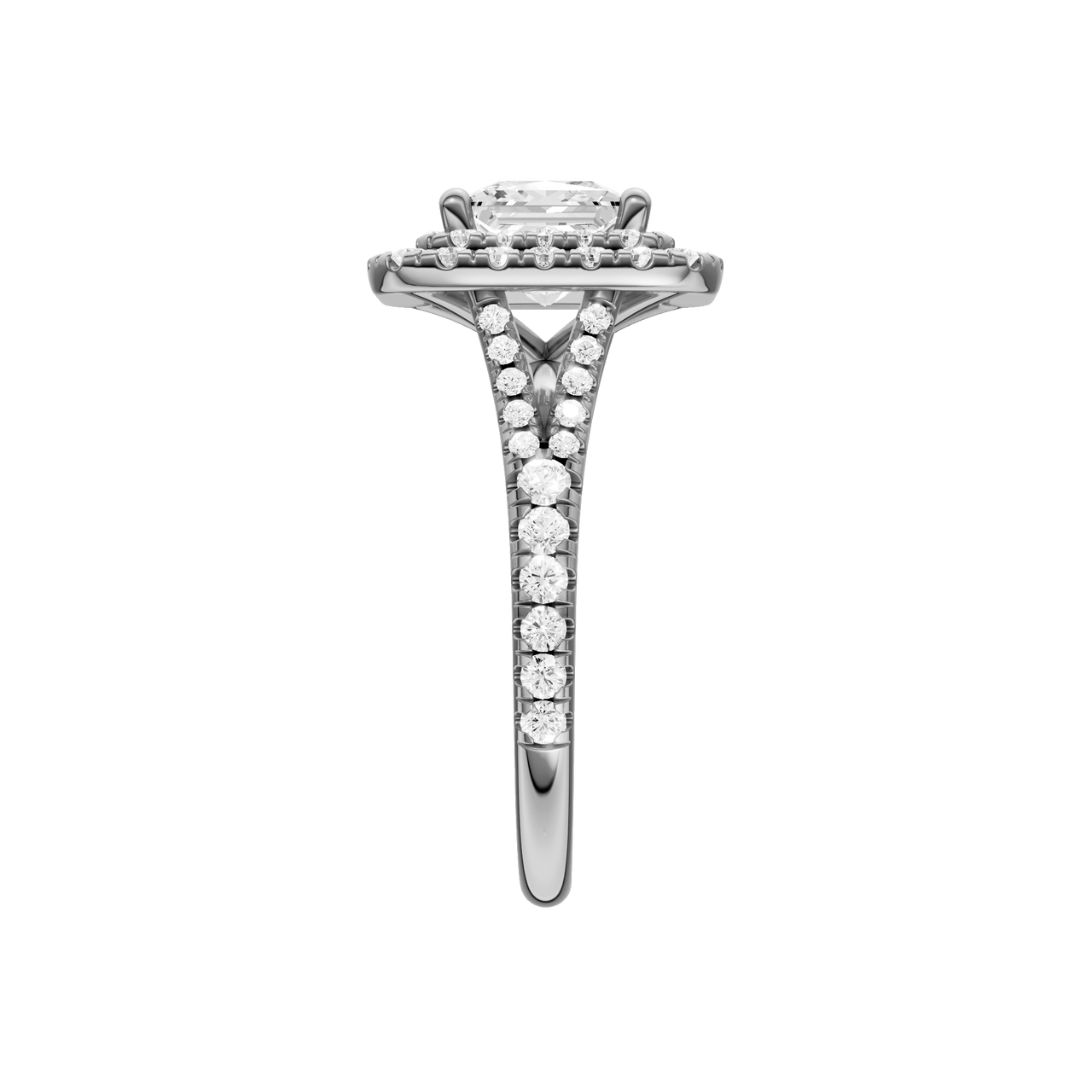 A side view of the Princess cut diamond engagement ring in platinum with a prong band and cathedral setting