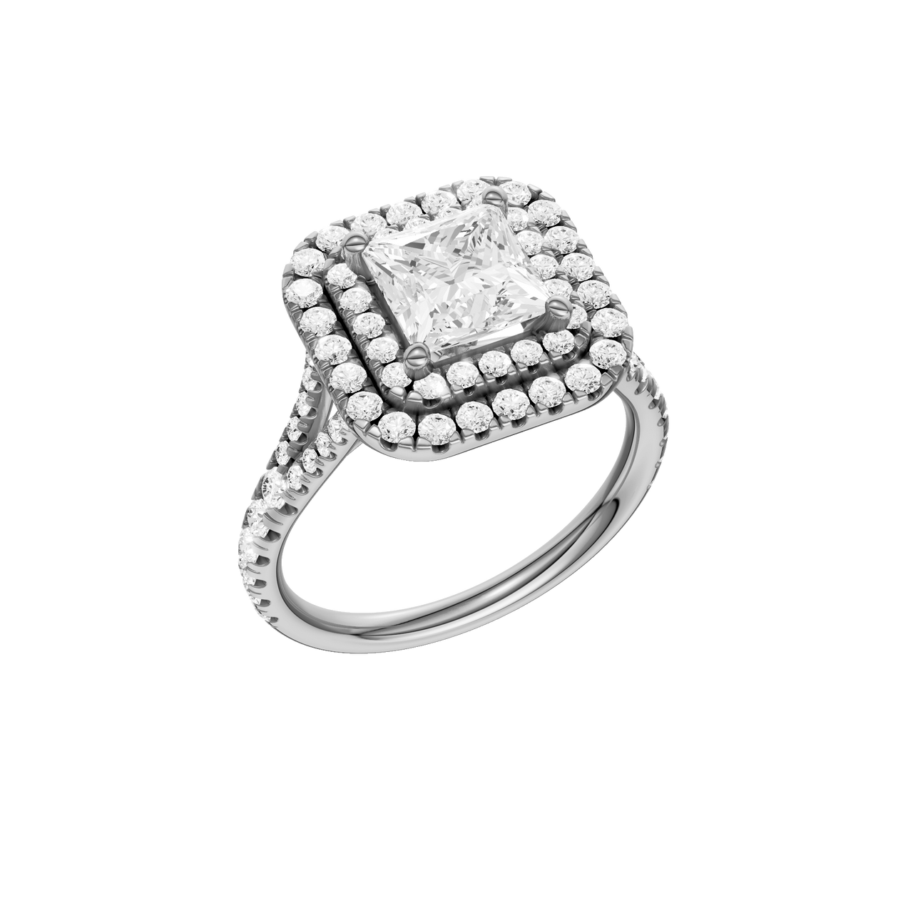 A three-quarter view of the Princess cut diamond engagement ring in platinum with a prong band and cathedral setting