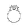 A profile view of the Princess cut diamond engagement ring in platinum with a prong band and cathedral setting