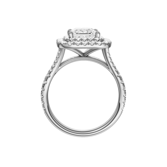 A profile view of the Princess cut diamond engagement ring in 14k white gold with a prong band and cathedral setting