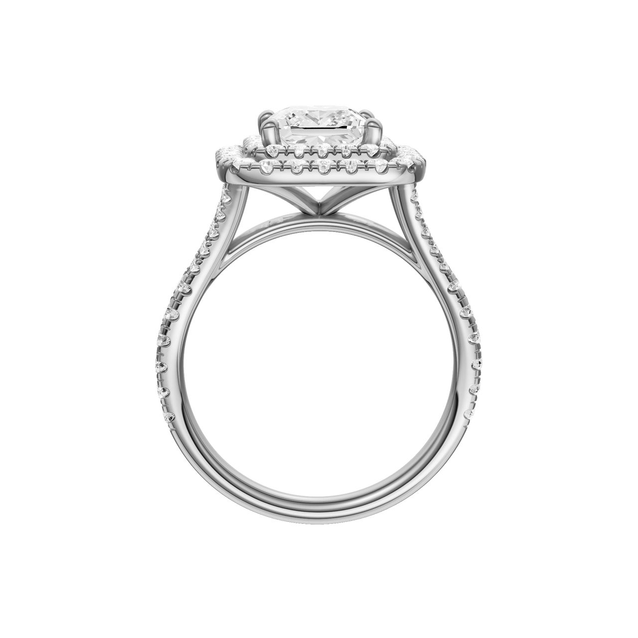A profile view of the Princess cut diamond engagement ring in 14k white gold with a prong band and cathedral setting
