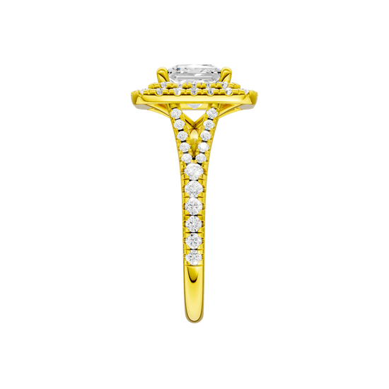 A side view of the Princess cut diamond engagement ring in 14k yellow gold with a prong band and cathedral setting