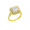 A three-quarter view of the Princess cut diamond engagement ring in 14k yellow gold with a prong band and cathedral setting