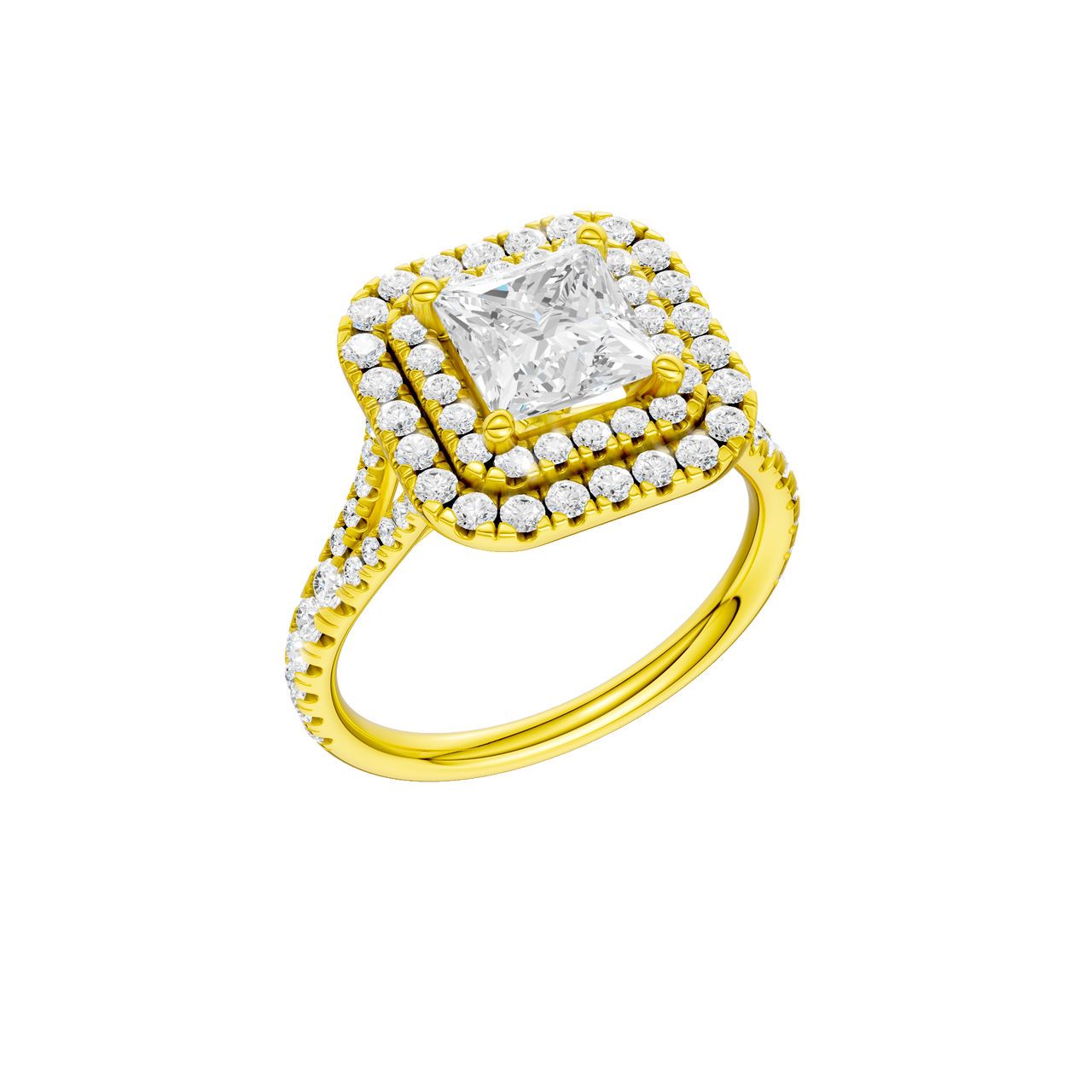 A three-quarter view of the Princess cut diamond engagement ring in 14k yellow gold with a prong band and cathedral setting